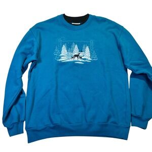 Liberty Lane Sweatshirt Womens Medium Teal Blue‎ Winter Deer Graphic Rhinestone